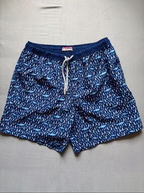Men's Blue Patterned Swim Trunks with Drawstring